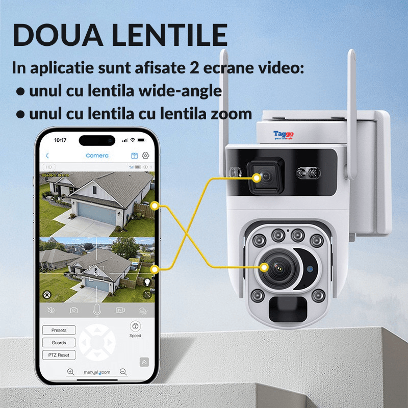 Camera supraveghere WiFi 4K Ultra HD de la Taggo.ro cu zoom optic 99X, rotire PTZ, vedere nocturnă color și alimentare solară.