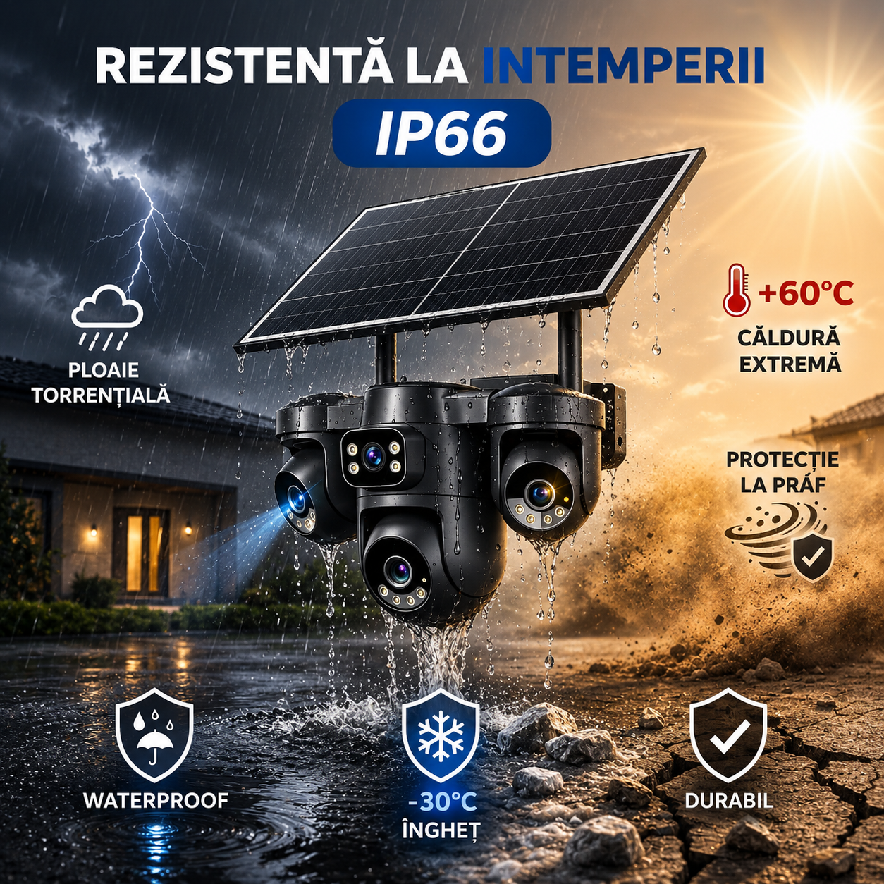 Camera de supraveghere 4G cu panou solar, 12MP, 4 lentile, functie AOV, comunicare bidirectionala, detectie umana AI