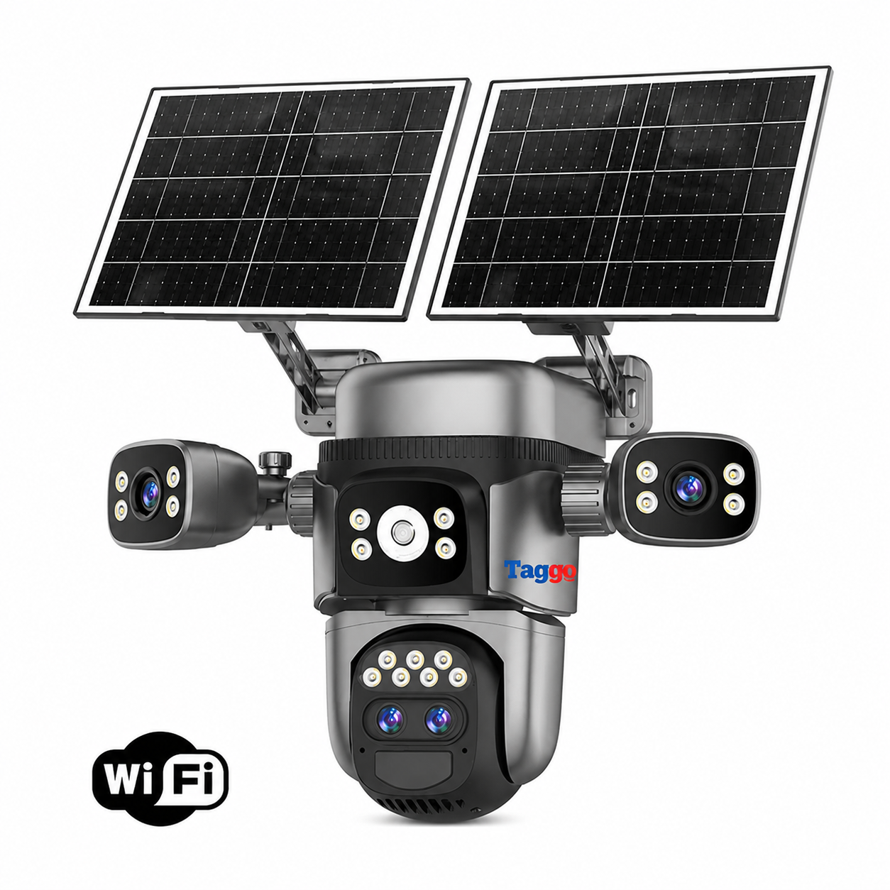 Camera de supraveghere WIFI Taggo, 12MP, cu panou solar, zoom optic 10x, viziune nocturnă, rezistentă la apă și comunicare bidirecțională.