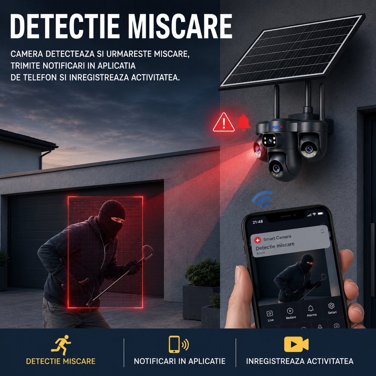 Camera de supraveghere 4G cu panou solar, 12MP, 4 lentile, functie AOV, comunicare bidirectionala, detectie umana AI