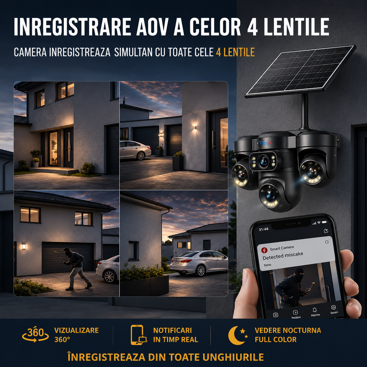 Camera de supraveghere 4G cu panou solar, 12MP, 4 lentile, functie AOV, comunicare bidirectionala, detectie umana AI