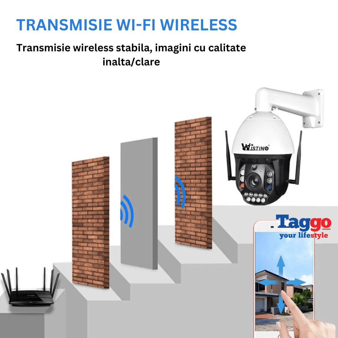 Camera supraveghere WiFi 4K Ultra HD cu zoom optic 99x, rotire din aplicație 360° și rezistență IP66, marca Taggo.ro