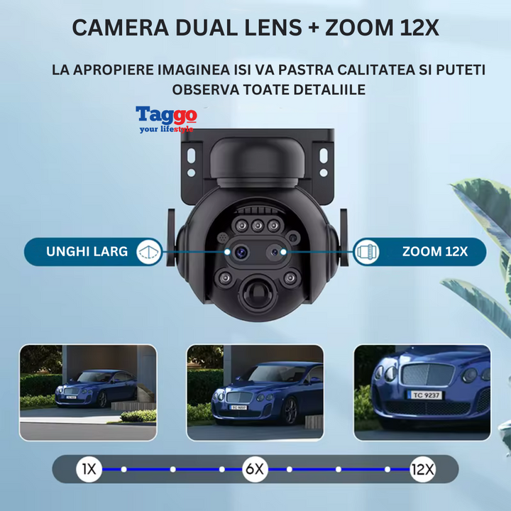 Camera Supraveghere 4G 4K Ultra HD, Dual Lens, 12X ZOOM, Incarcare Solara, Rotire Din Aplicatie, Rezistenta La Apa IP 66 - Taggo.ro