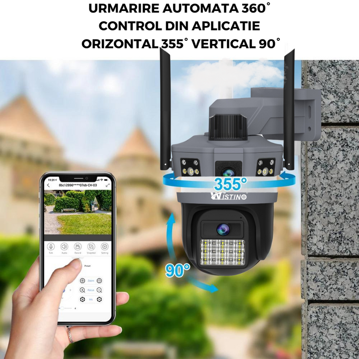 Camera de supraveghere 4G Cartela SIM 6K, 2 lentile, Control din aplicatie, Urmarire automata, Rezistenta la apa IP66 - Taggo.ro