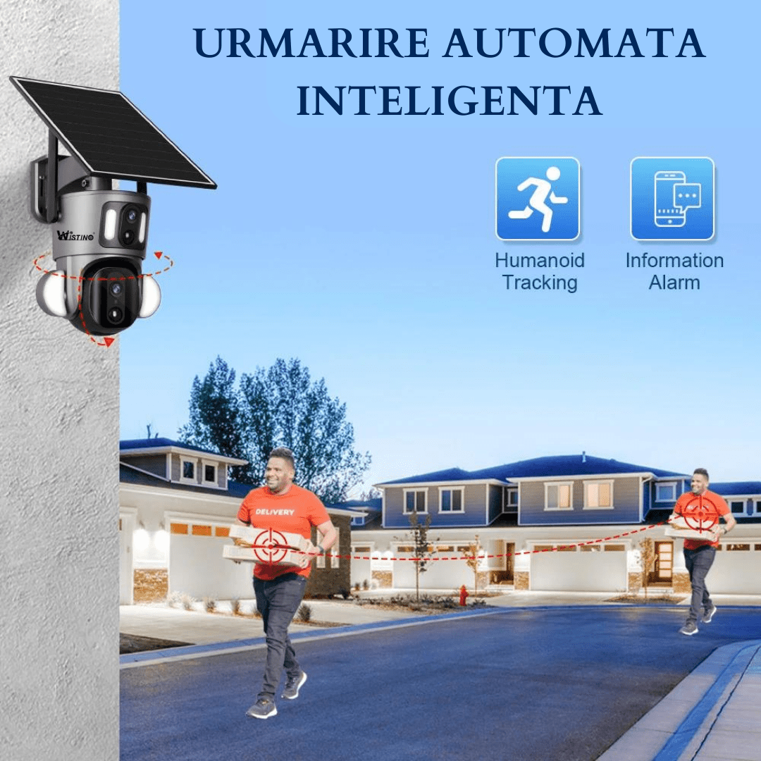 Camera supraveghere Taggo cu dublă cameră 6MP, 4G, rezistentă la apă IP66, încărcare solară și rotire controlată din aplicație.