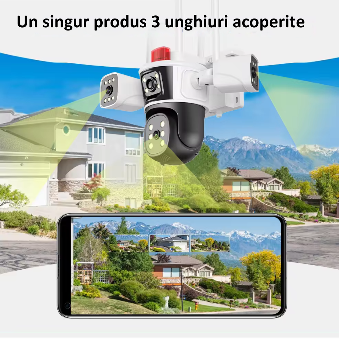 Camera de supraveghere WIFI 6K Crocodil Taggo.ro, 12MP, cu 3 lentile, control aplicație și urmărire automată, vedere din 4 unghiuri