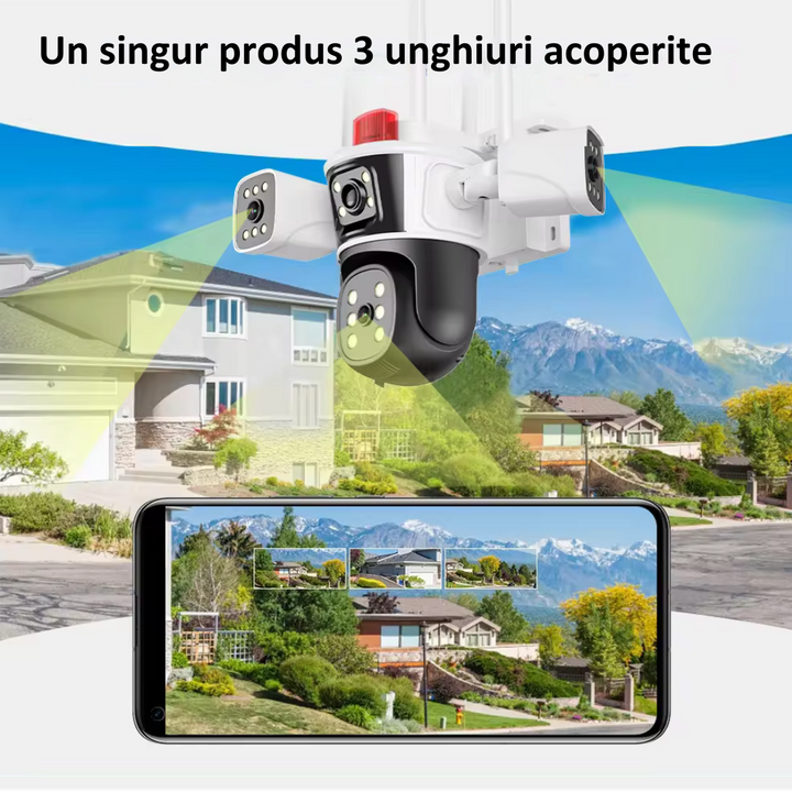 Camera de supraveghere WIFI 6K, 12MP, 3 lentile, Control din aplicatie, Comunicare bidirectionala, Urmarire automata, Multi lens - Taggo.ro