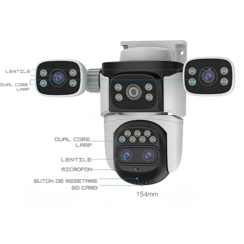 Camera supraveghere 4G Crocodil 16MP cu zoom 10X, vedere nocturnă color, audio bidirecțional și detectie mișcare, multi-lens.