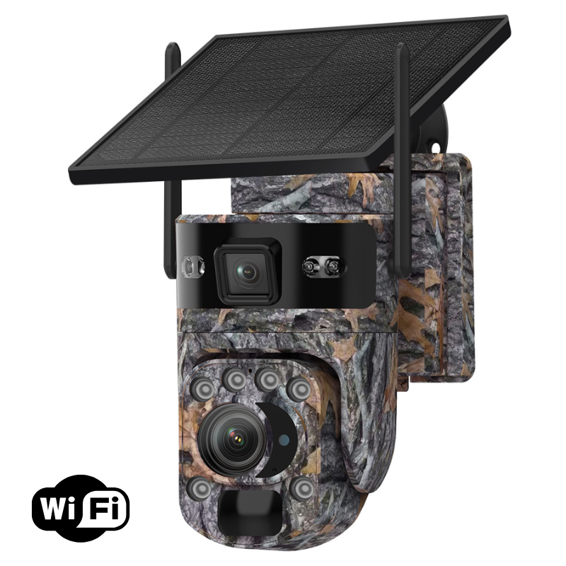 Camera Supraveghere WiFi 4K Ultra HD, Quad Camera  8MP, Zoom Optic 99X, Incarcare Solara, Rotire PTZ 355°, Detectie AI + PIR, Vedere Nocturna Color, Dual Screen - Taggo.ro