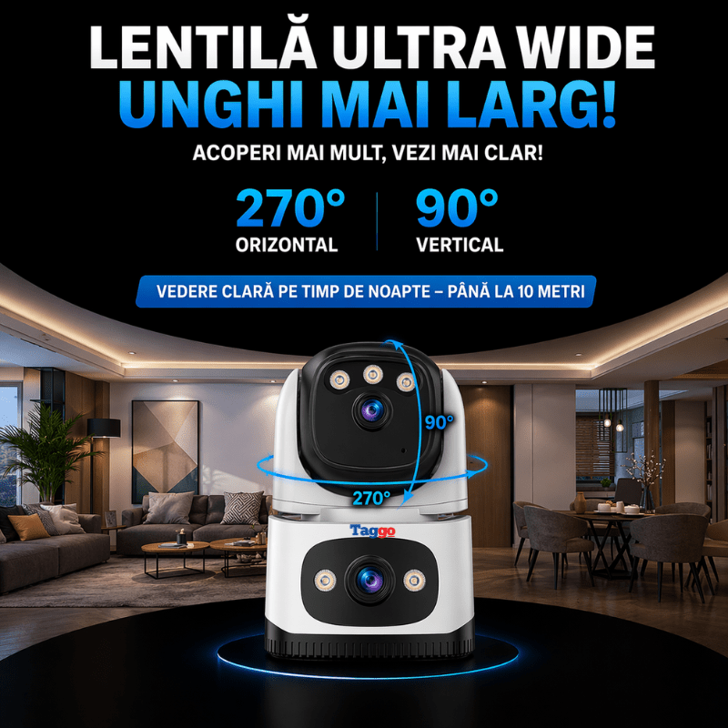 Camera de supraveghere interior Taggo cu WiFi, 2 lentile, 6MP rezoluție, detectare persoane și vizionare nocturnă