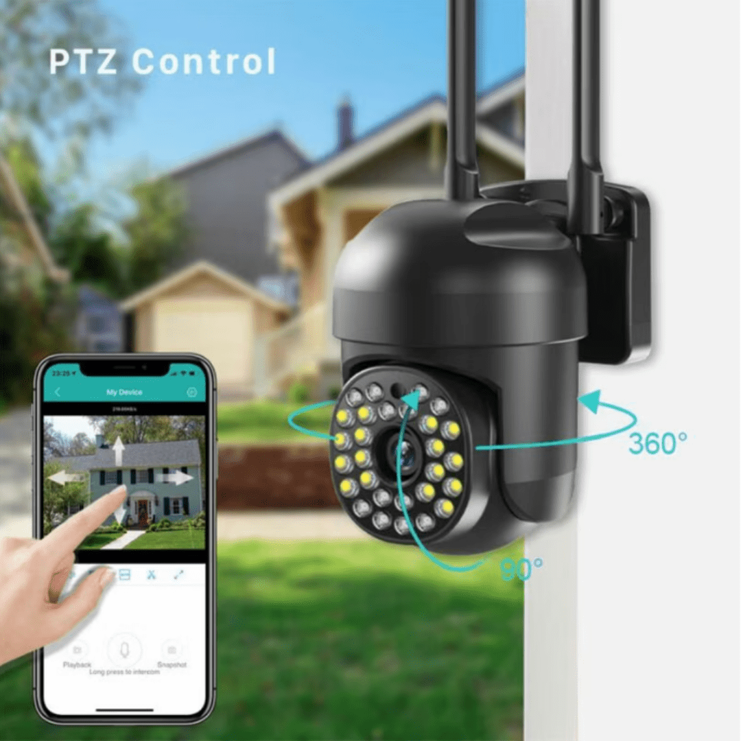 Camera de supraveghere Taggo WiFi neagră cu lentilă 2MP, control din aplicație, comunicare bidirecțională și IR.