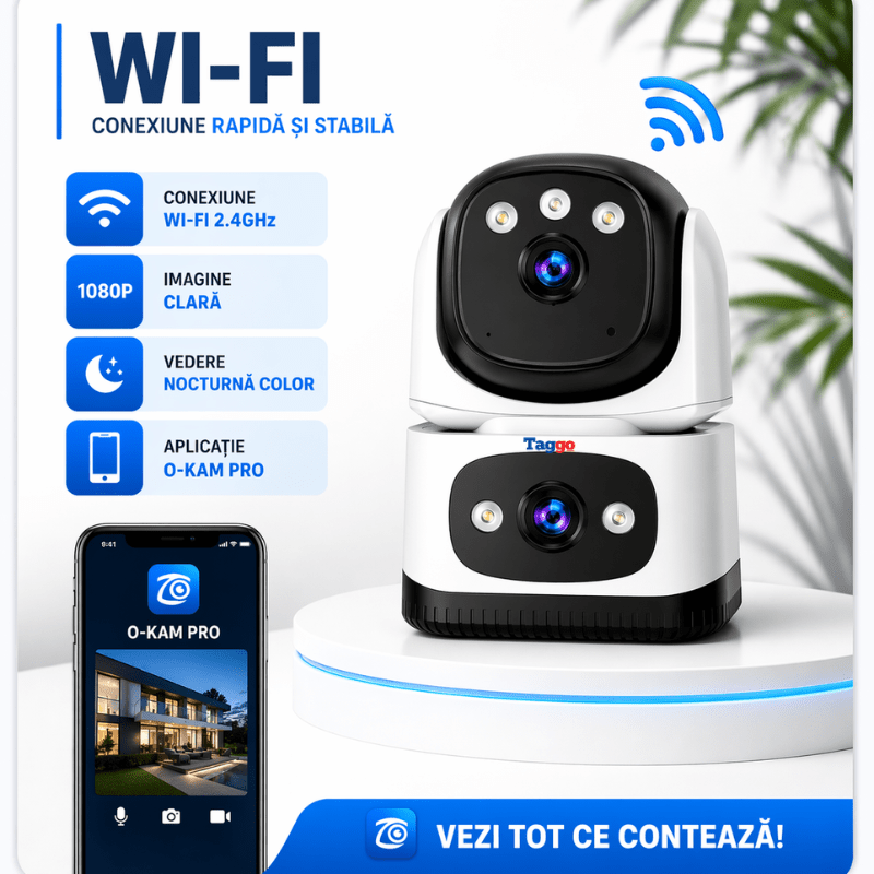 Camera de supraveghere interior Taggo cu conexiune Wi-Fi, 2 lentile, rezoluție 6MP, detectare persoane și vedere nocturnă.