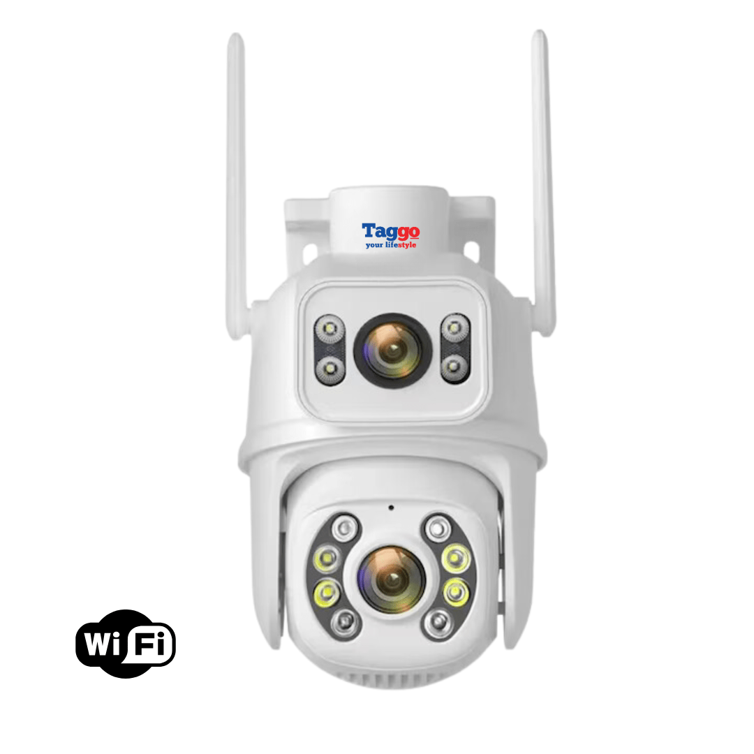 Camera WIFI de supraveghere Taggo 4K, 8MP, cu 2 lentile, control din aplicație, urmărire automată și rezistentă la apă IP66.