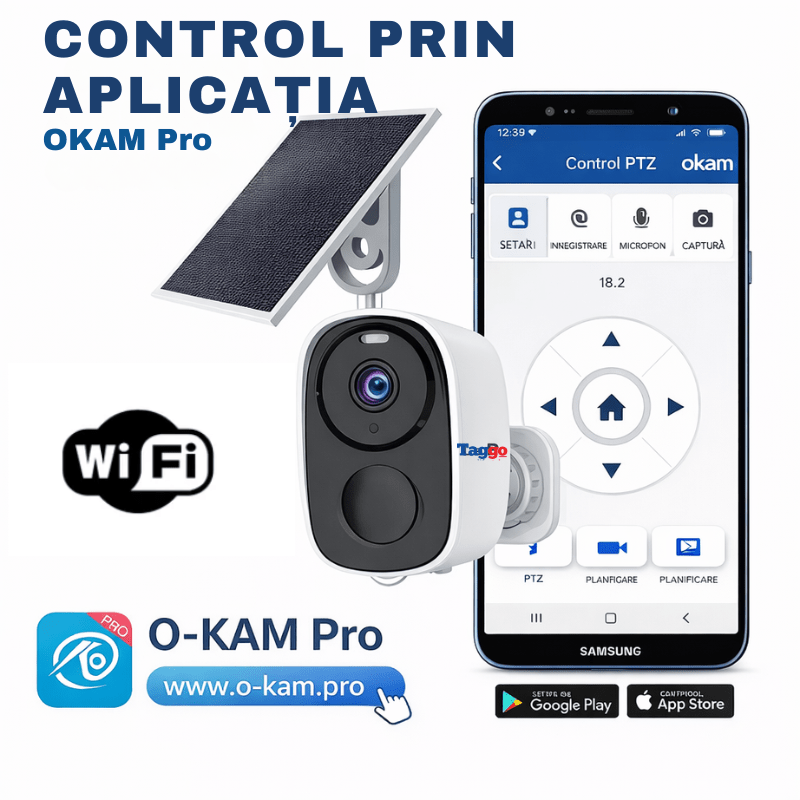 Camera de supraveghere Taggo cu panou solar, 3MP, WiFi, IR, IP66, control din aplicație, fixă, pentru securitate exterior.
