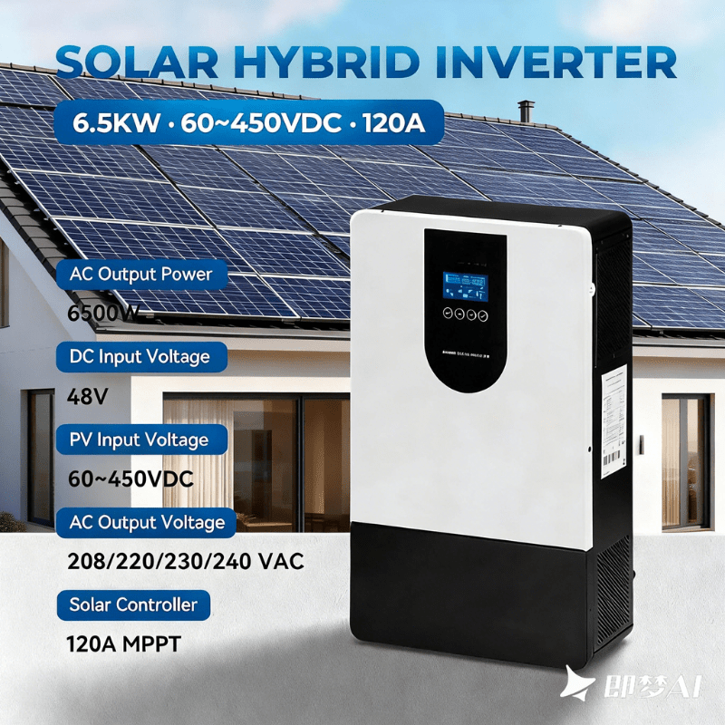 Invertor solar hibrid Taggo 6.5kW 48V MPPT cu WiFi, pentru alimentare din panouri solare, baterii și rețea electrică.