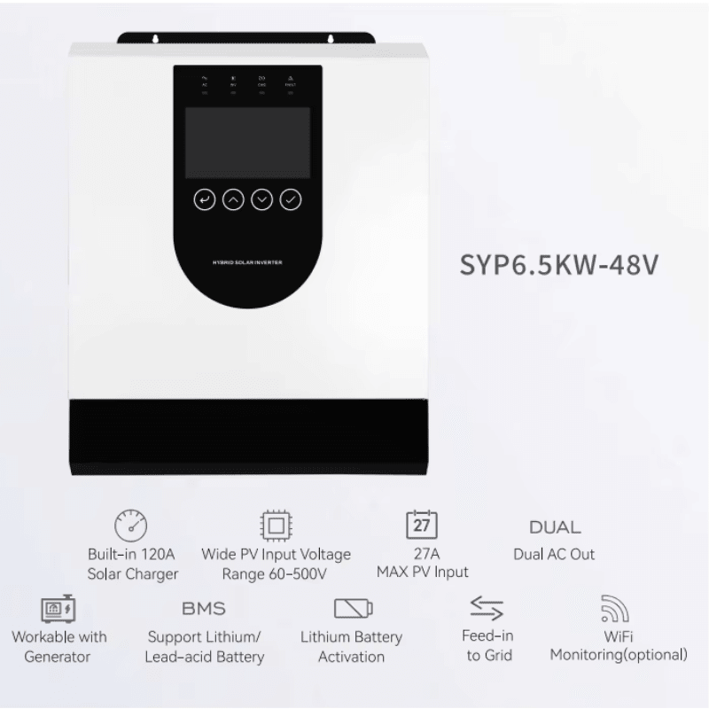Invertor solar hibrid Taggo de 6.5kW, 48V MPPT 120A cu WiFi, pentru alimentare din panouri, baterii și rețea.