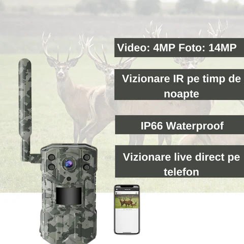 Camera de vânătoare Taggo WISTINO 4G cu rezoluție 2.7K, senzor PIR 20m, leduri 940nm și aplicație telefon UCON.