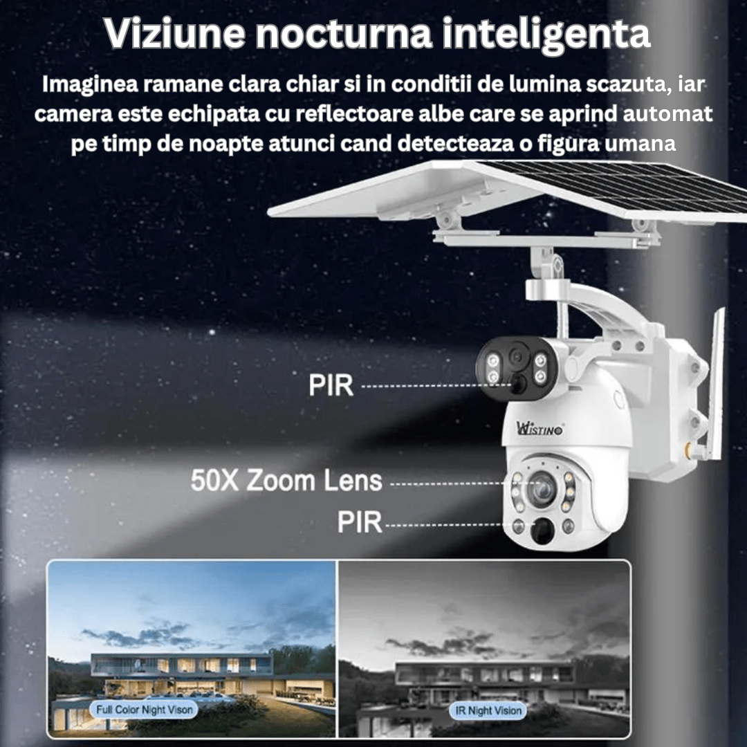 Camera supraveghere Taggo.ro 4G 4K Ultra HD, dual lens, iluminare nocturnă, rotire din aplicație, rezistentă IP66, în condiții de întuneric