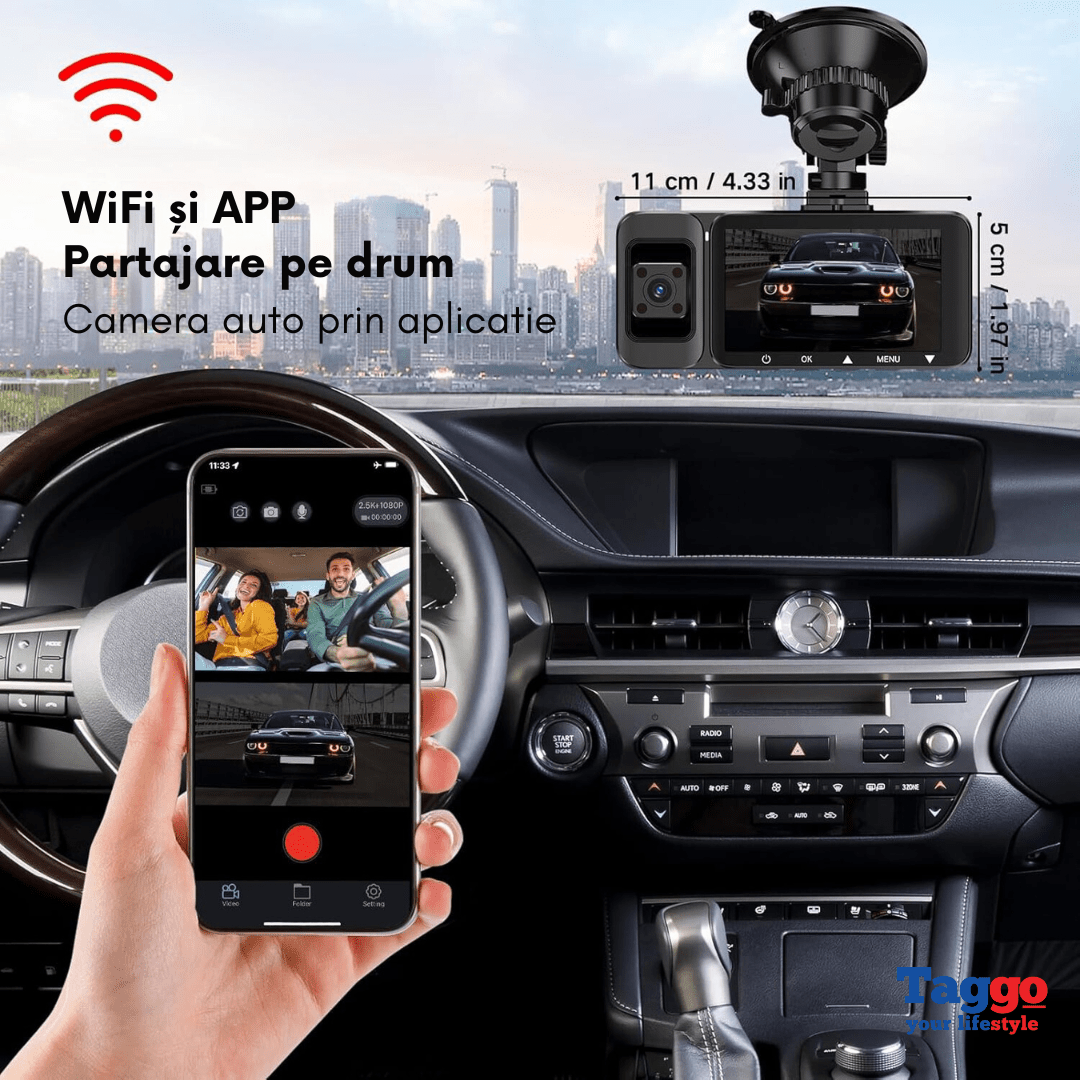 Camera auto Taggo 4K UHD frontal, interior și spate Full HD, GPS și WiFi, activată automat în caz de coliziune sau frânare.