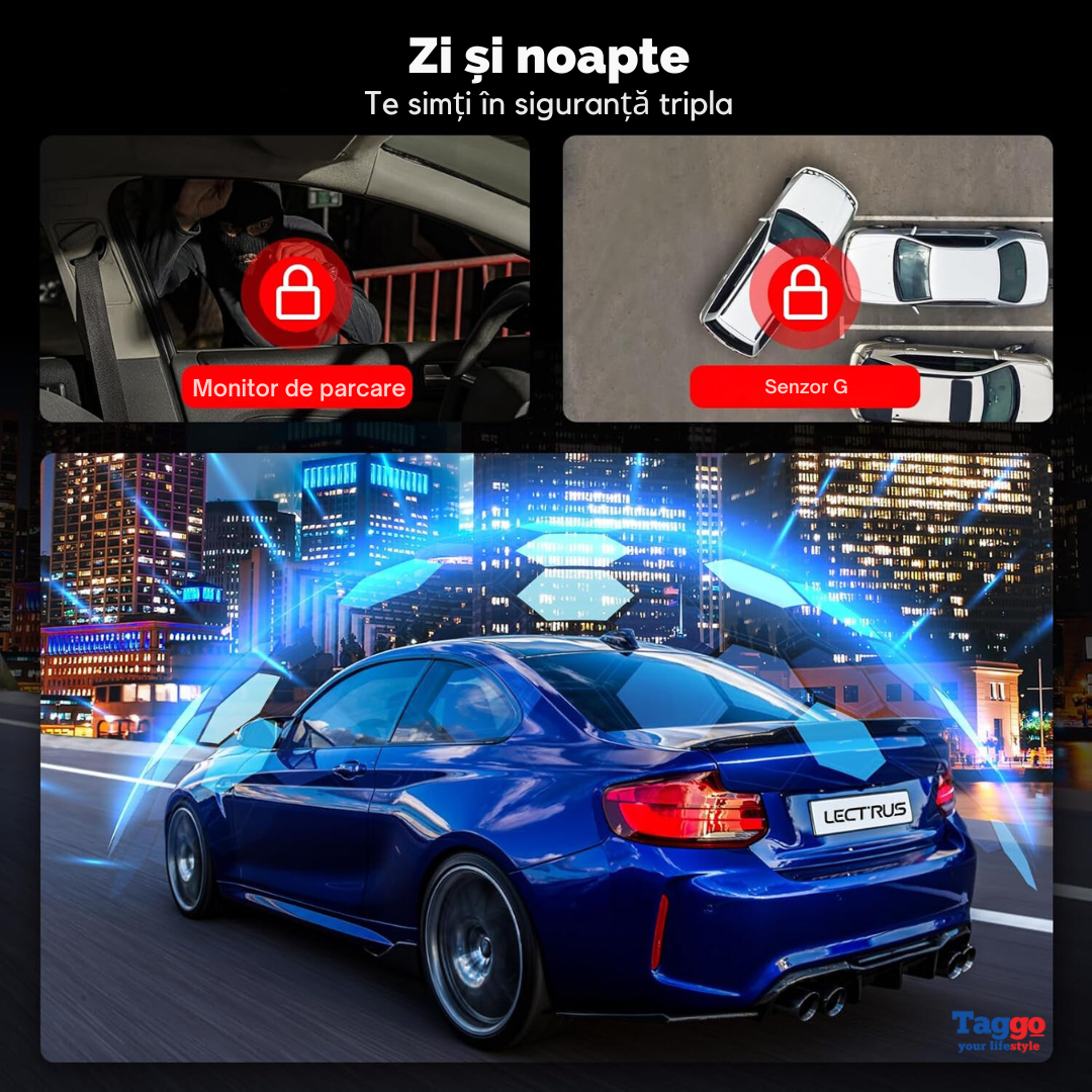 Camera auto Taggo.ro 4K UHD frontal, interior și spate Full HD, cu GPS și WiFi, activată în caz de coliziune sau frânare.