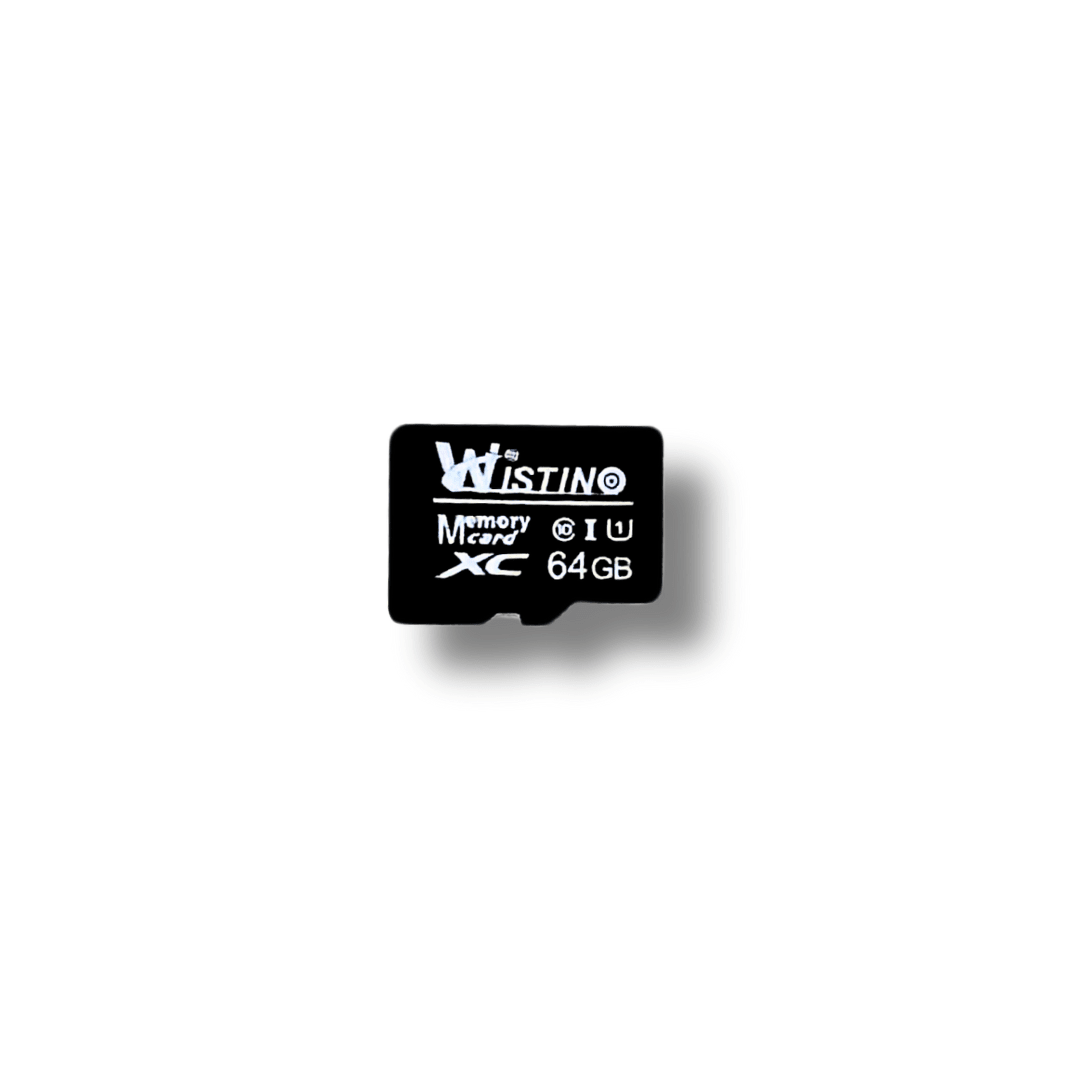 Card memorie Taggo Wistino 64GB UHS-I Clasa 10, plastic cu etichete de identificare și simboluri de capacitate.