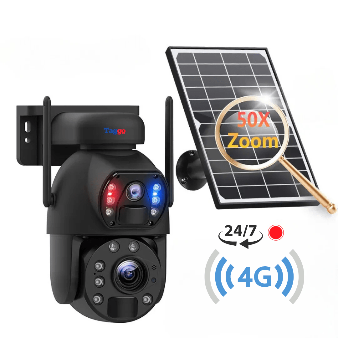 Camera supraveghere Taggo.ro cu rezoluție 4K, zoom 50X, duală, alimentare solară, rotire în aplicație și rezistentă la apă IP66.