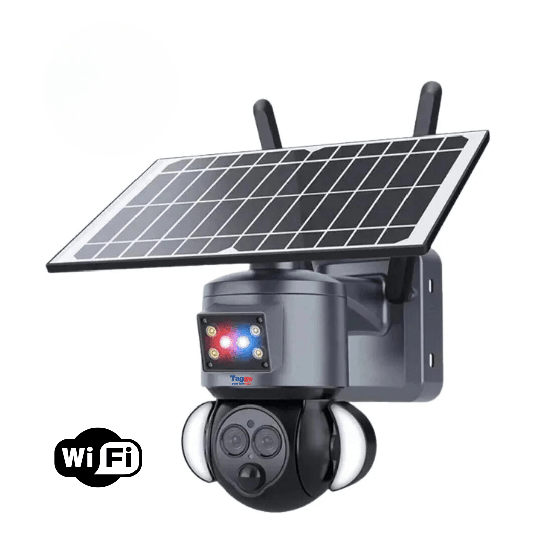 Camera supraveghere WiFi 4K HD Taggo.ro cu lentile duale, zoom 12X și rezistență IP66, activată automat în caz de accident rutier.