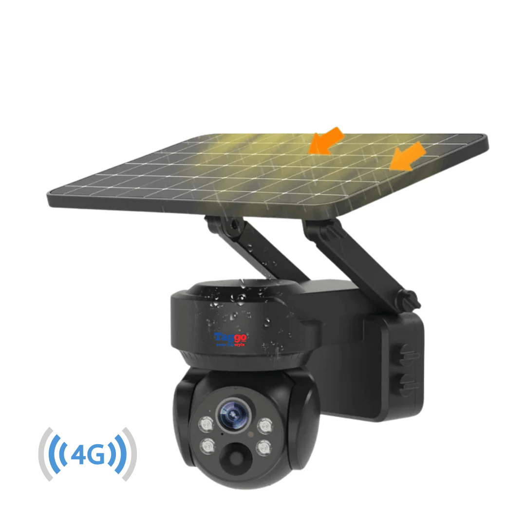 Camera de supraveghere solară 4G Taggo.ro cu rezistență la apă, 5MP, panou solar și control prin aplicație, pentru supraveghere externă.