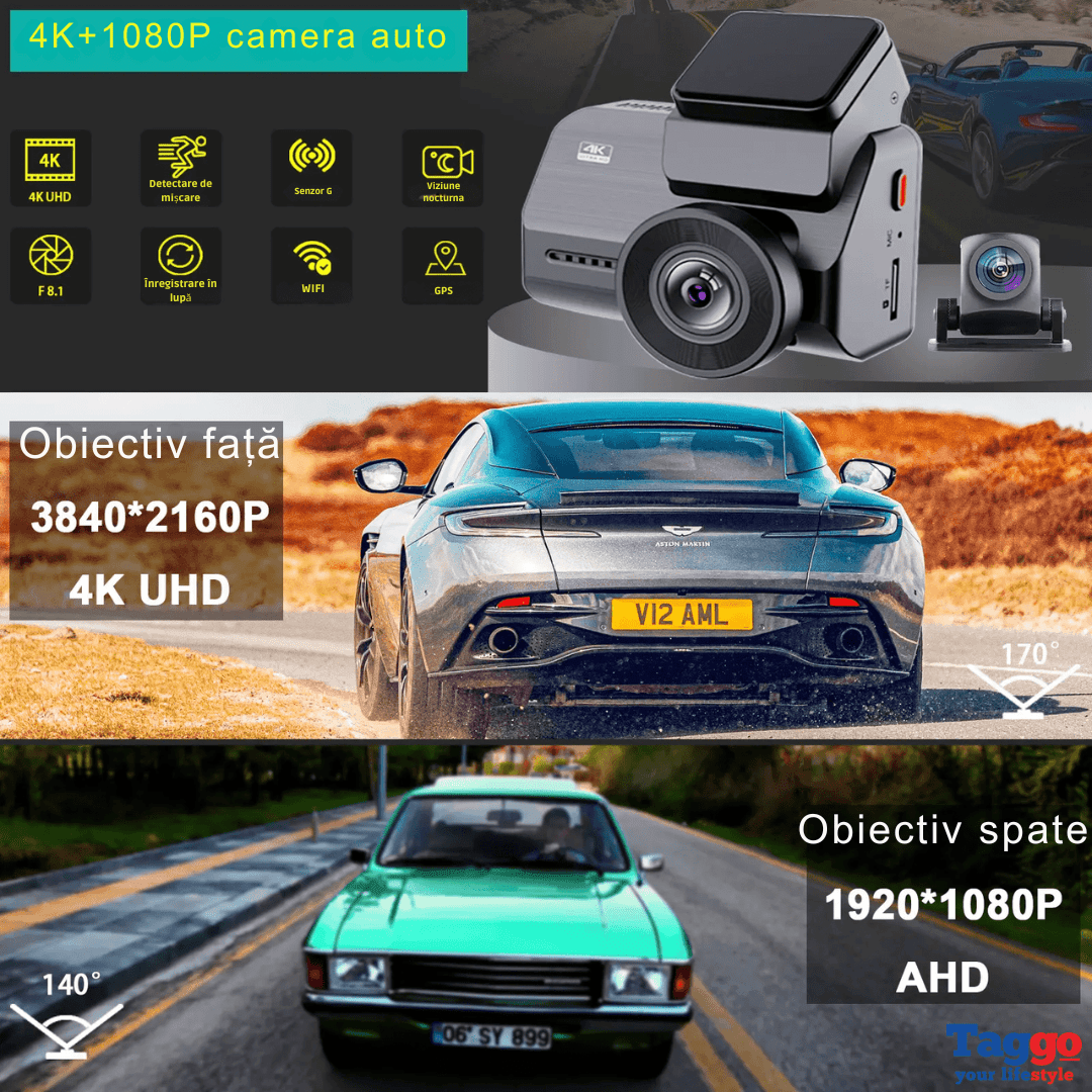 Camera auto 4K UHD și spate 1080P cu GPS, WiFi 5G, vedere nocturnă și senzor Sony IMX335 pentru înregistrare în mașină.