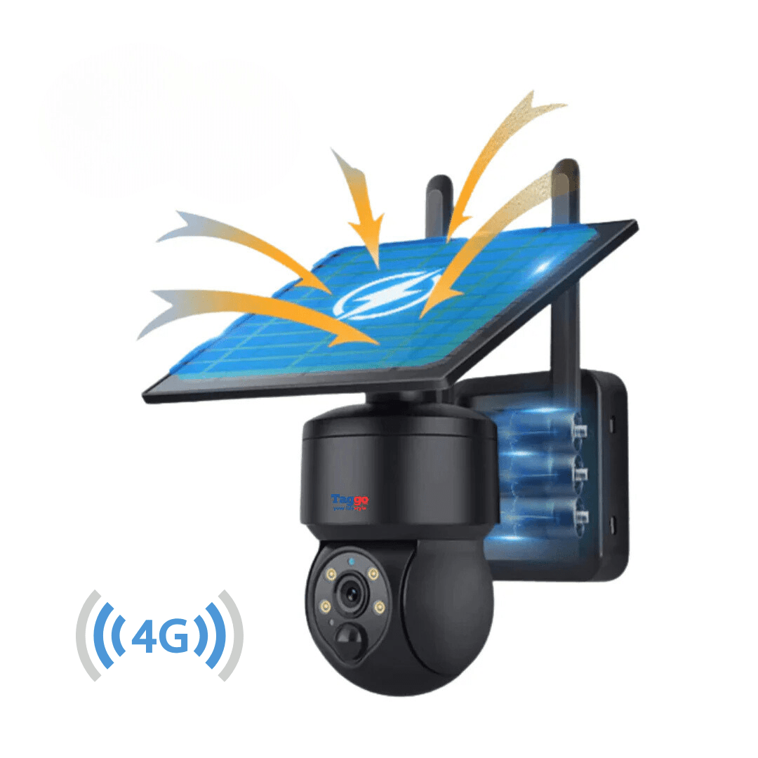 Camera de supraveghere Black 5MP cu incarcare solară, rotire din aplicație și rezistență IP66 pentru exterior, marca Taggo.ro