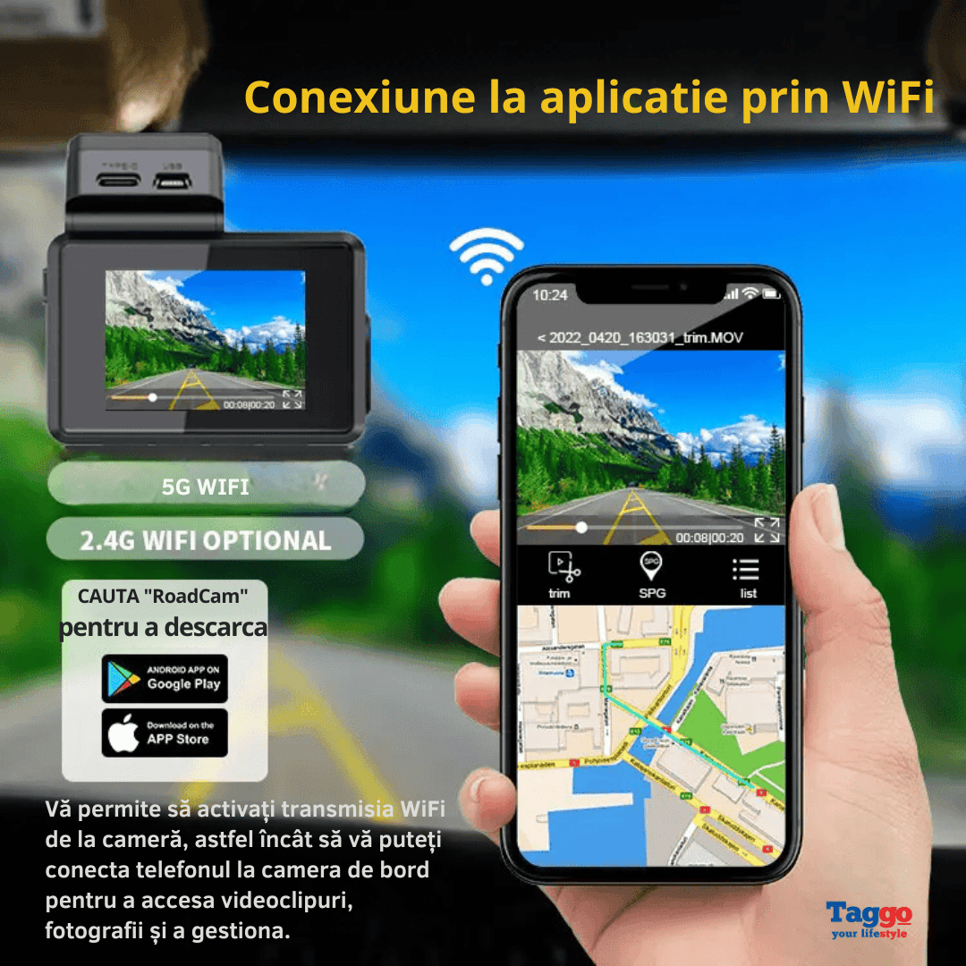 Camera auto 4K UHD și spate 1080P cu GPS, WiFi 5G, vedere nocturnă și senzor Sony IMX 335 pentru siguranță în condus.
