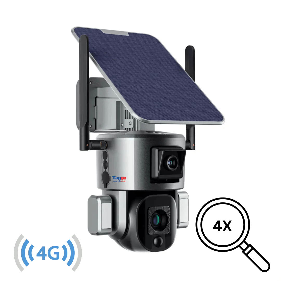 Camera supraveghere exterior WISTINO Solara 4G 4K, dual camera cu zoom optic 4x și rezistență IP66 în mediu exterior.