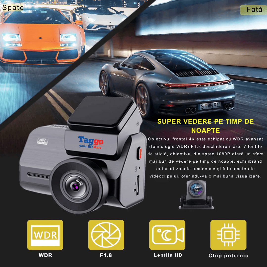 Camera auto 4K UHD și spate 1080P de la Taggo.ro, GPS, WIFI 5G, viziune nocturnă și senzor Sony IMX 335 în acțiune.