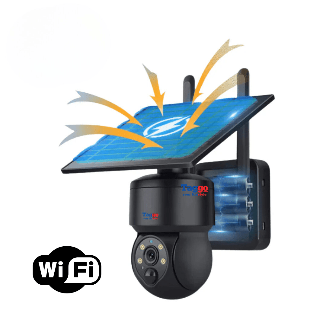 Camera de supraveghere Black 5MP Taggo.ro cu WiFi, încărcare solară, rotire din aplicație și rezistentă la apă IP66, pentru siguranță.