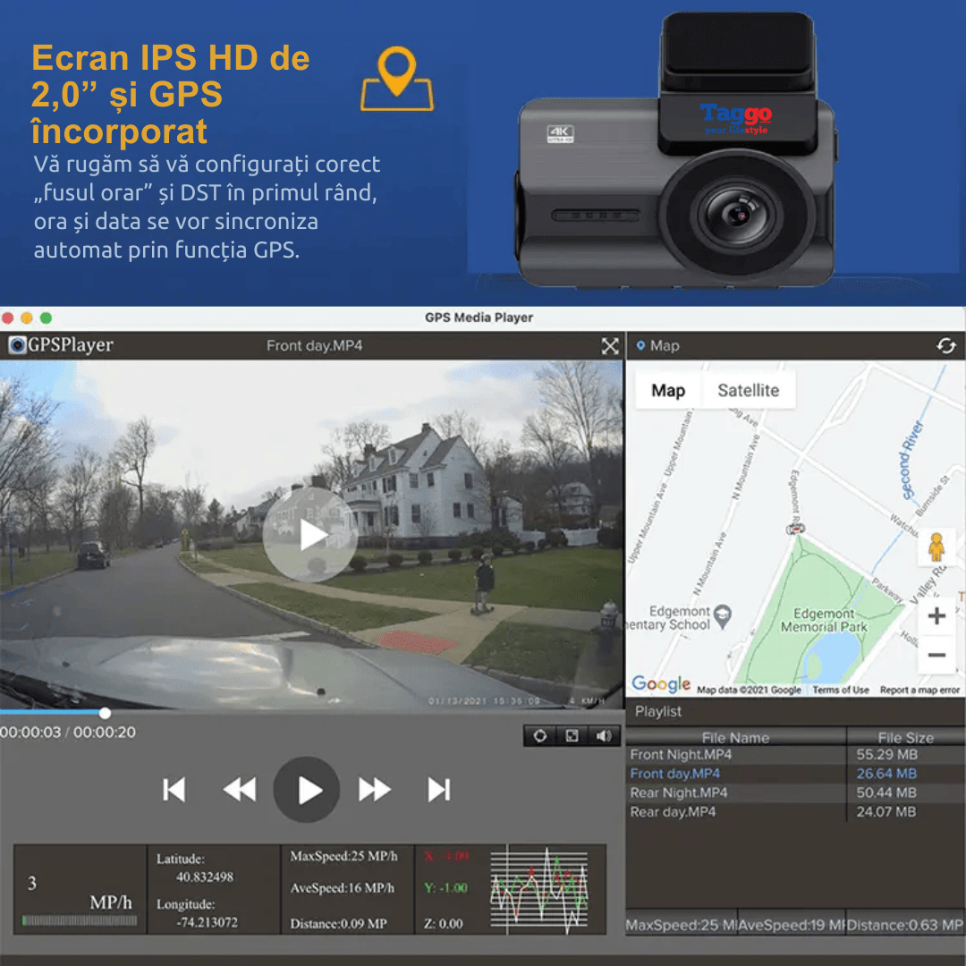 Camera auto Taggo cu înregistrare 4K UHD și camera spate 1080P, GPS, WiFi 5G, viziune nocturnă, senzor Sony IMX 335 în acțiune
