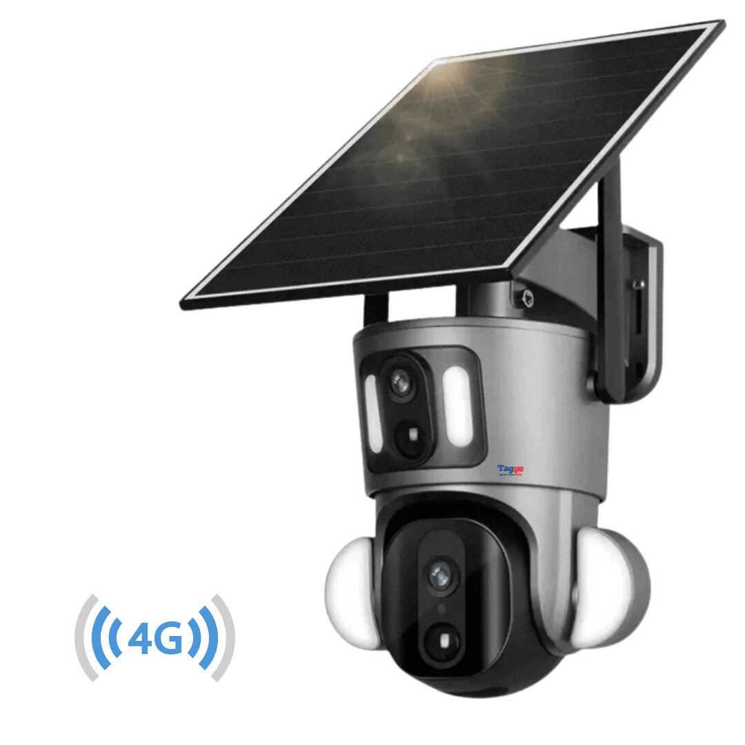 Camera supraveghere Taggo cu dublă lentilă 6MP, 4G, HD 3K, incarcare solară și rezistență IP66, rotire din aplicație.