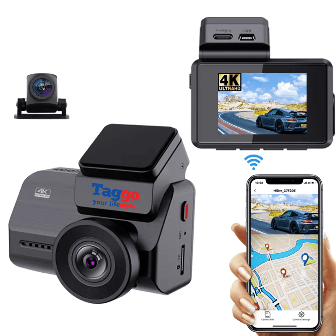 Camera auto 4K UHD și spate 1080P, GPS, WIFI 5G, viziune nocturnă, senzor Sony IMX 335, pentru înregistrare în timpul condusului.