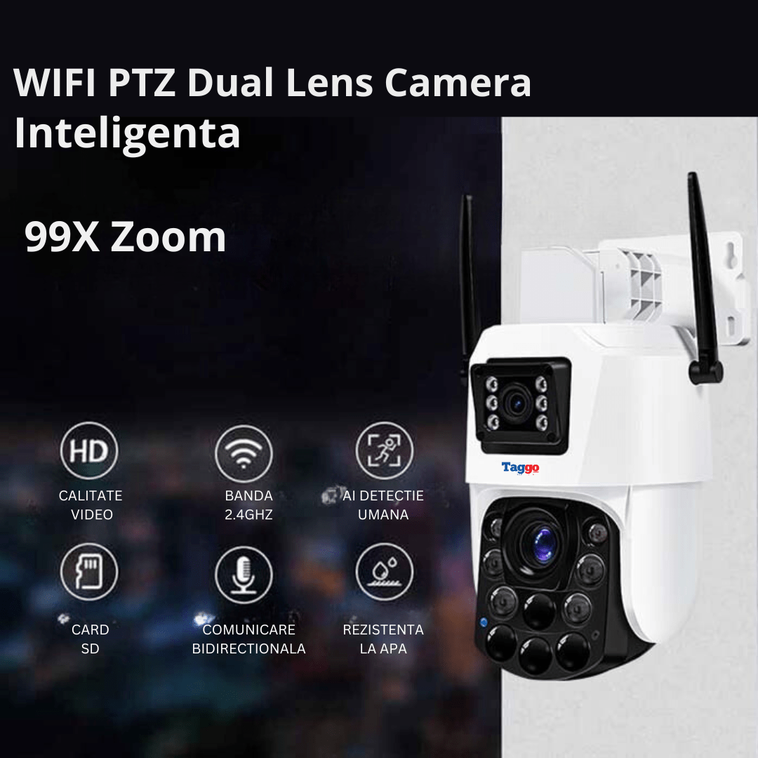 Camera de supraveghere 4G Taggo.ro cu lentile duale, zoom 100X, rezistență IP66, control prin aplicație și detectare umană.