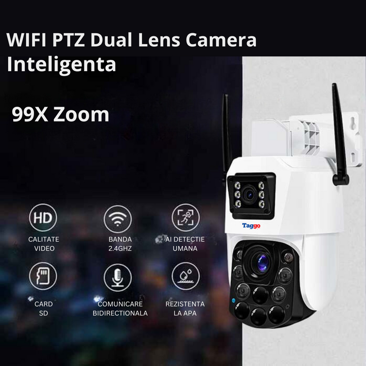 Camera Supraveghere cu Panou Solar si Conexiune WIFI, Rezolutie 9K ULTRA HD, Zoom Optic 100X, 5 Lentile, PTZ Exterior, 24/7 - Taggo.ro