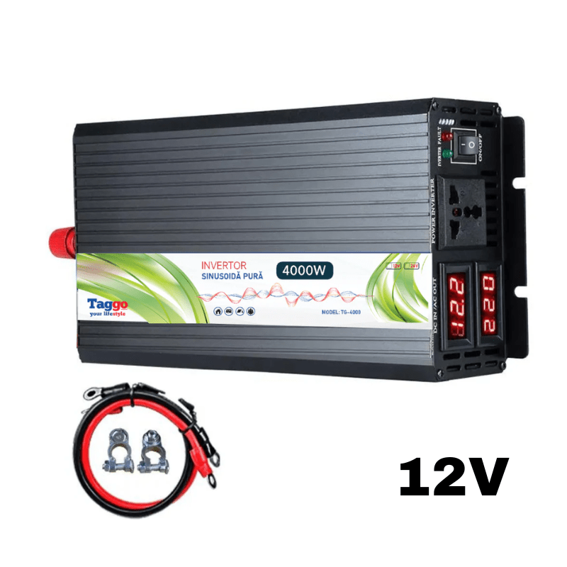 Invertor Taggo 4000W 12V-220V cu undă sinus pur, pentru rulota, casă sau cabană, vizibil cu ventilator și conexiuni.