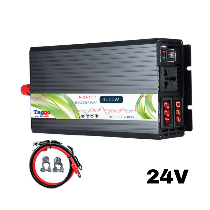 Invertor Taggo 3000W 24V la 220V, undă pură sinus pentru rulote, case și cabane, compatibil cu panouri solare.