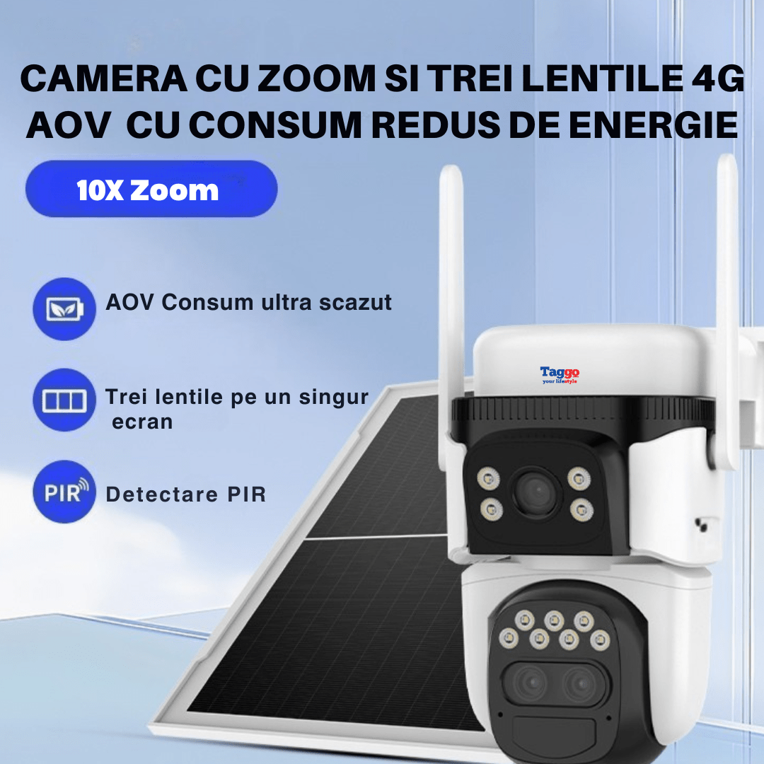Camera supraveghere Taggo.ro cu panou solar, 12MP, PTZ 360°, zoom 10X, detectare umană și rezistență la apă în imagini.