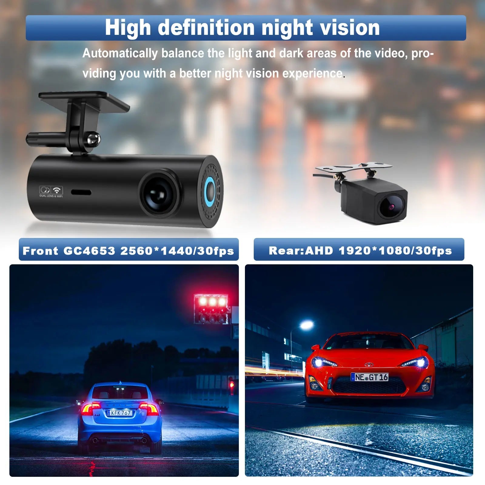 Camera auto 2K + camera spate 1080P DVR WIFI , Vizionare nocturna, Senzor GC4653, Monitorizare parcare 24H - Taggo.ro