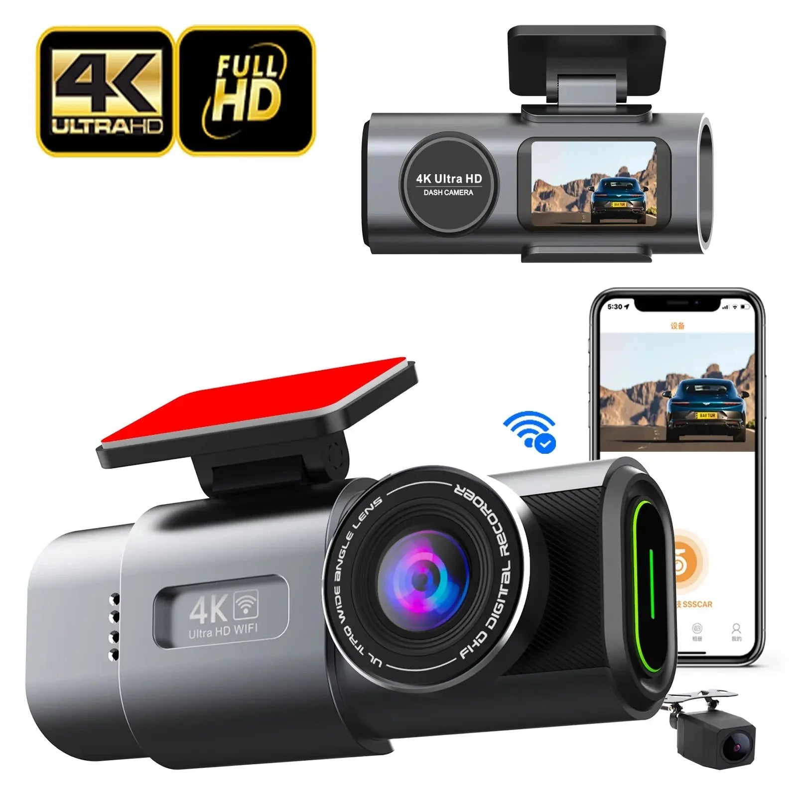 Camera auto DVR 4K cu ecran LCD, vizionare nocturnă și monitorizare parcare 24h, kit hardwire și card 128GB, brand Fast Bundle.
