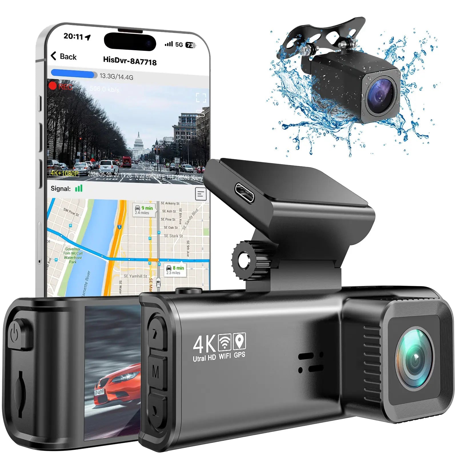 Camera auto 4K, ecran LCD + camera spate 1080P DVR WIFI, Vizionare nocturna, Senzor Sony IMX 335, - Taggo.ro
