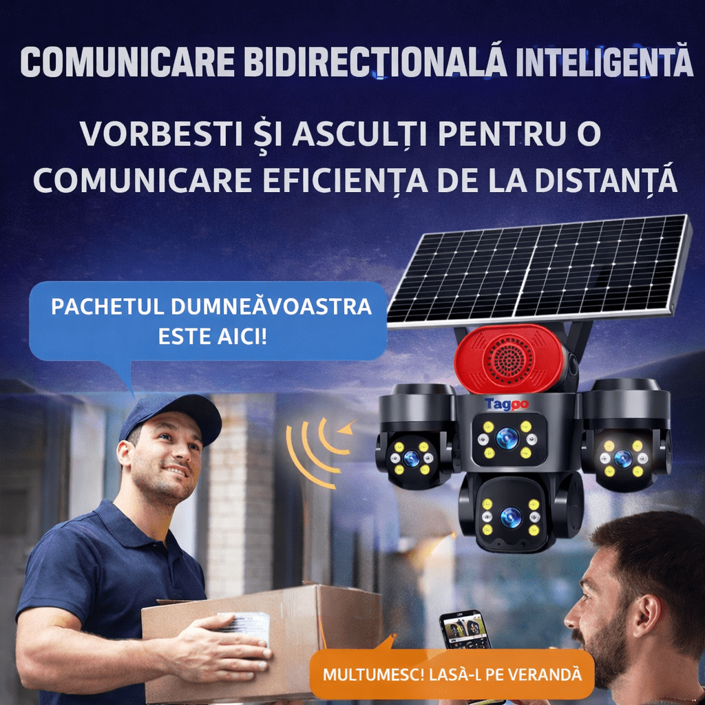 Camera de Supraveghere 4 Lentile, 16MP, Dublu Panou Solar, Conexiune 4G, Control din Aplicatie, Viziune Colora si IR, Comunicare Bidirectionala, Protectie IP66 - Taggo.ro