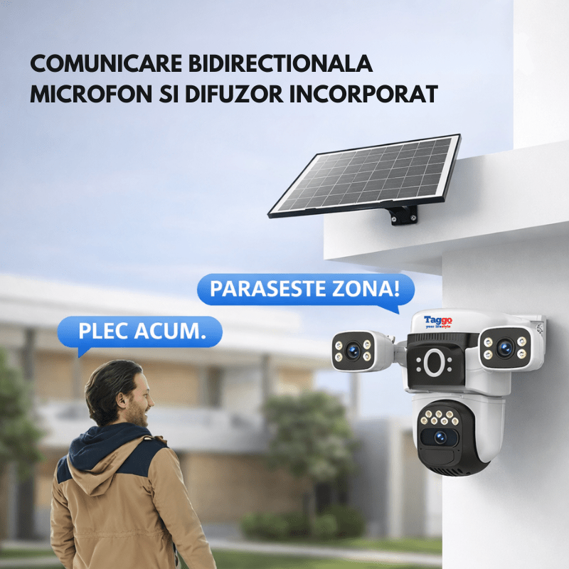 Camera de supraveghere 4G 12MP Crocodil cu panou solar, 4 lentile, zoom optic 10x, comunicare bidirectionala, senzor detectie PIR, viziune nocturna - Taggo.ro