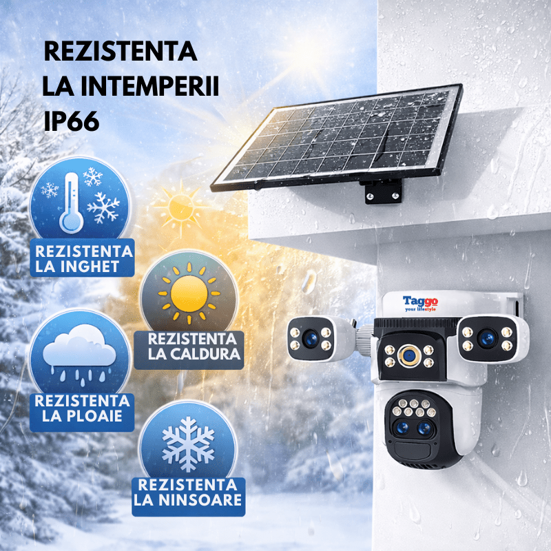 Camera de supraveghere 4G 12MP Crocodil cu panou solar, 4 lentile, zoom optic 10x, comunicare bidirectionala, senzor detectie PIR, viziune nocturna - Taggo.ro