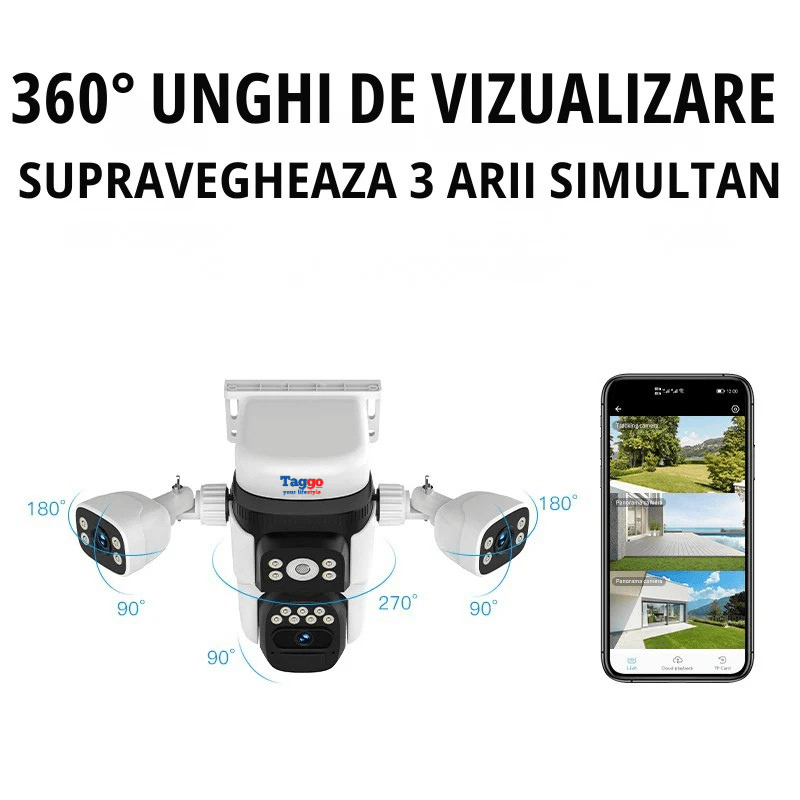 Camera de supraveghere 4G 12MP Crocodil cu panou solar, 4 lentile, zoom optic 10x, comunicare bidirectionala, senzor detectie PIR, viziune nocturna - Taggo.ro