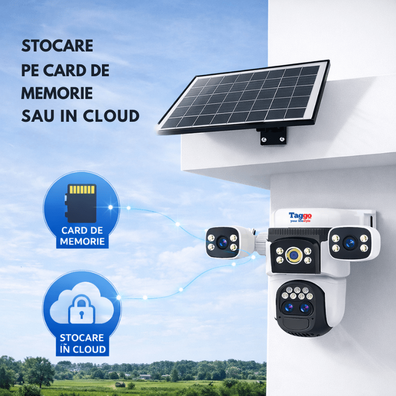 Camera de supraveghere 4G 12MP Crocodil cu panou solar, 4 lentile, zoom optic 10x, comunicare bidirectionala, senzor detectie PIR, viziune nocturna - Taggo.ro